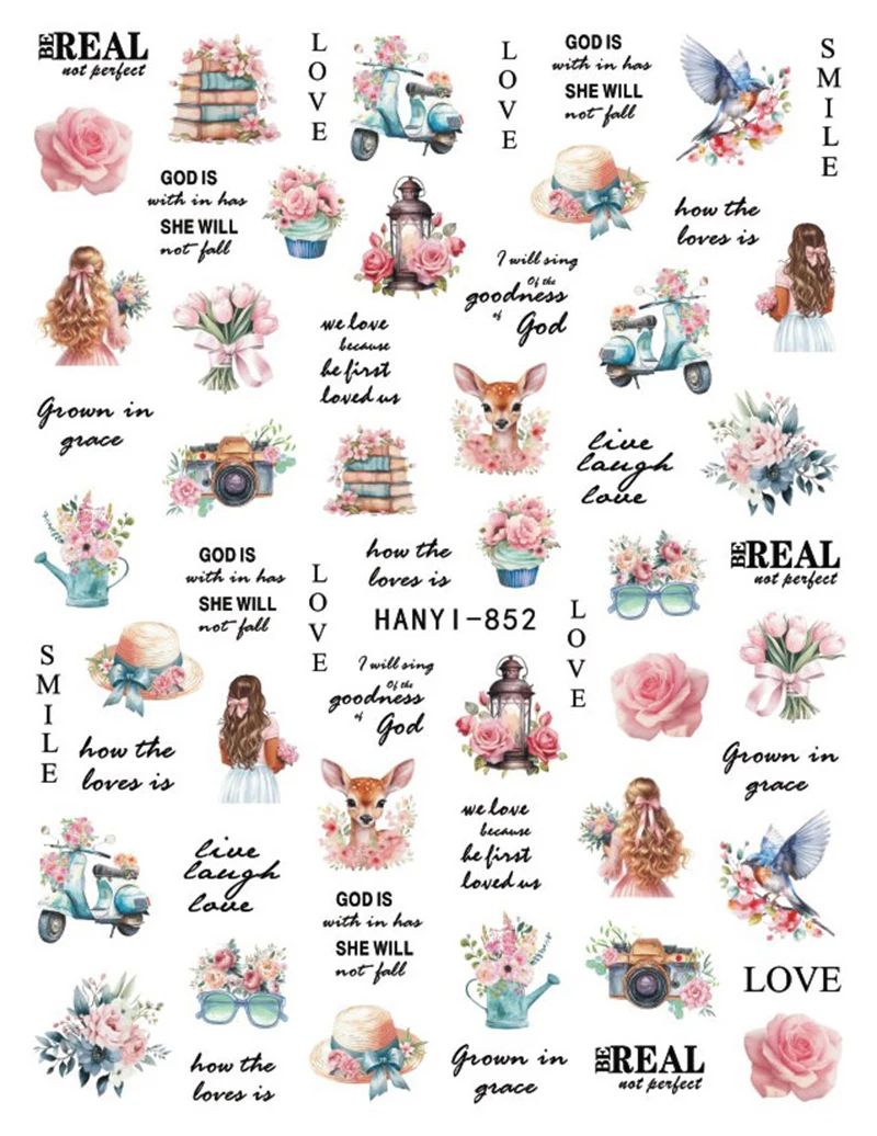 3d 네일 아트 데칼 빈티지 장미 체리 보섬 꽃 나비 전체 팁 스티커 손톱 아트 매니큐어 팁 장식