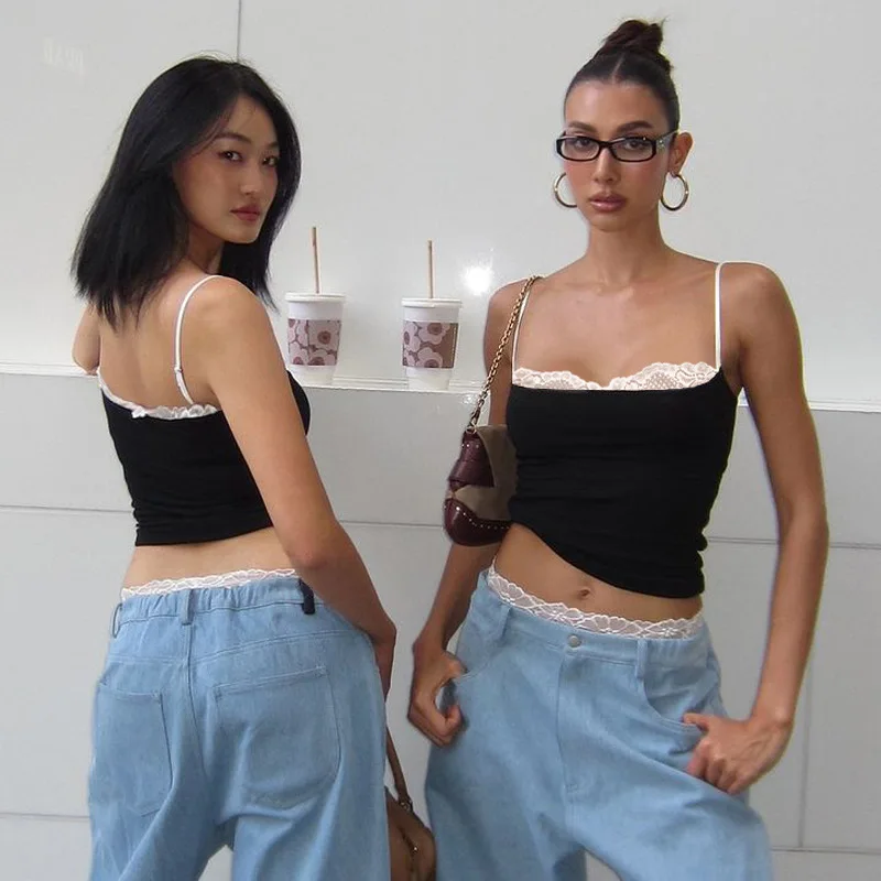 암호 레이스 트림 캐미솔 상의, 클럽 파티 의상, 백리스 스트리트웨어, 민소매 크롭탑, 코케트 의류, 여름