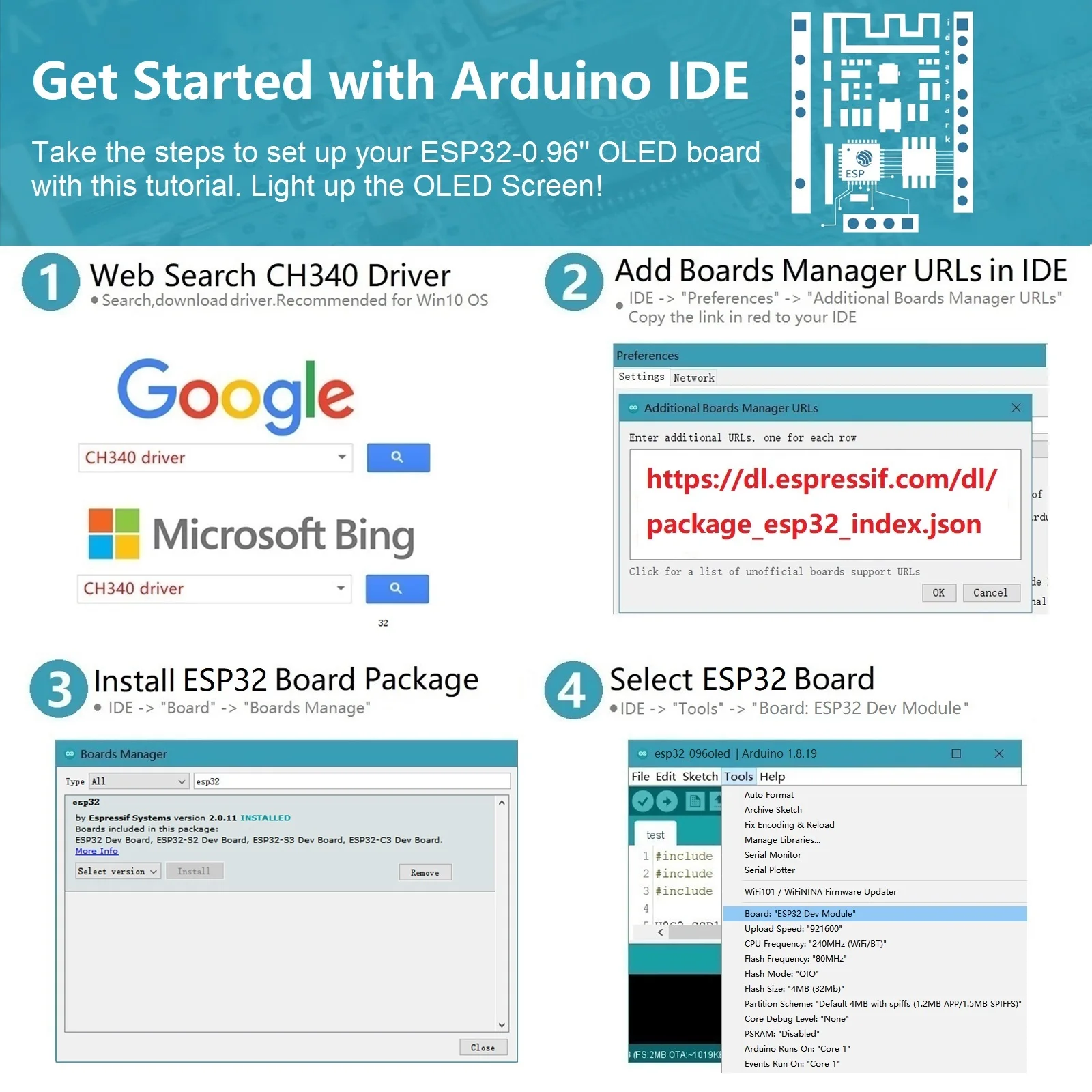 아이디어스파크 ® 0.96인치 OLED 디스플레이, CH340, WiFi+BLE 무선 모듈, Arduino/Micropython용 마이크로 USB를 갖춘 ESP32 개발 보드