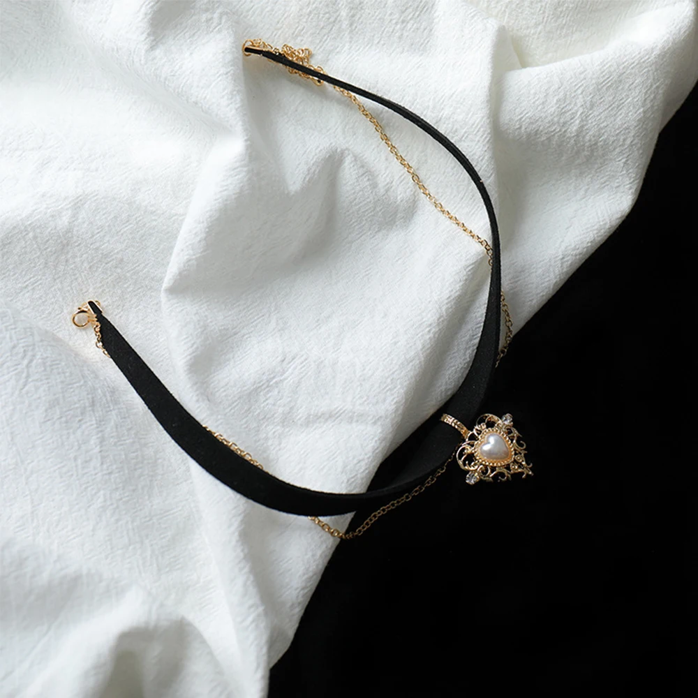 빈티지 벨벳 블랙 초커 러브 하트 펜던트, 모조 진주, 짧은 체인 목걸이, 여자 선물, 파티