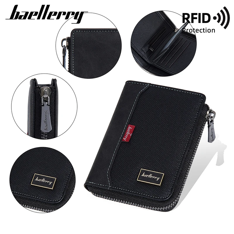 Baellerry RFID 간단한 짧은 남성 지퍼 지갑 럭셔리 브랜드 카드 홀더 남성 지갑 사진 홀더 동전 주머니 남자 지갑