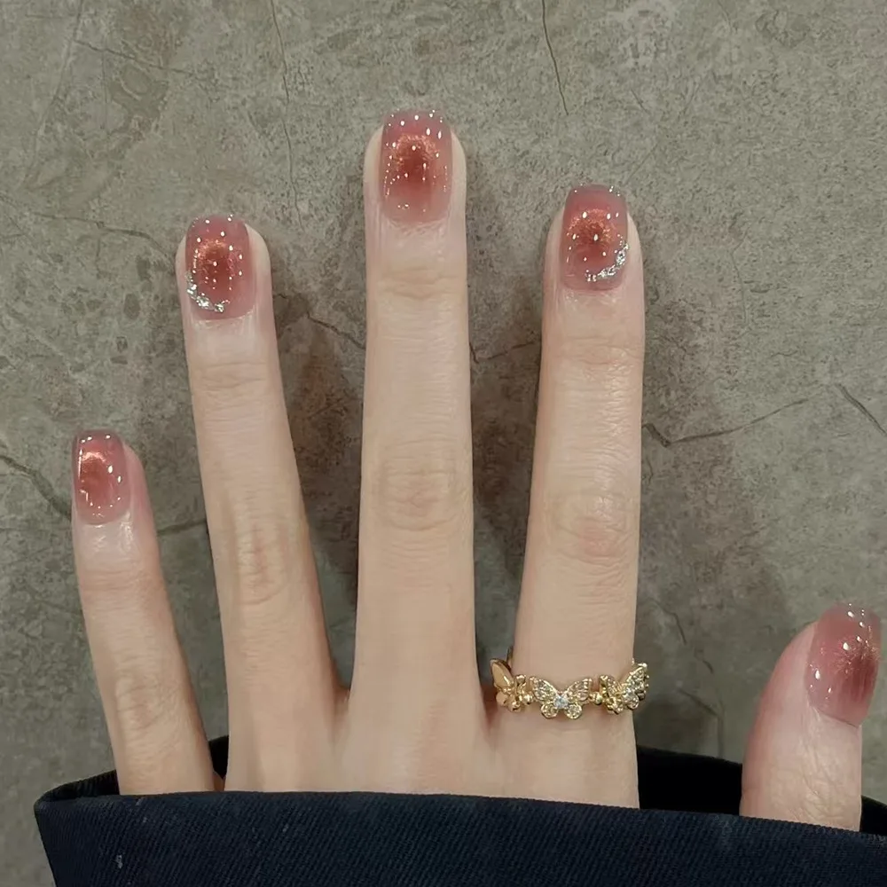 24Pcs 핑크 고양이 블루 사랑 거짓 손톱에 귀여운 짧은 발레 프레스 달콤한 프랑스 고양이 눈 활 스타 디자인 스타일 분리형 손톱 세트