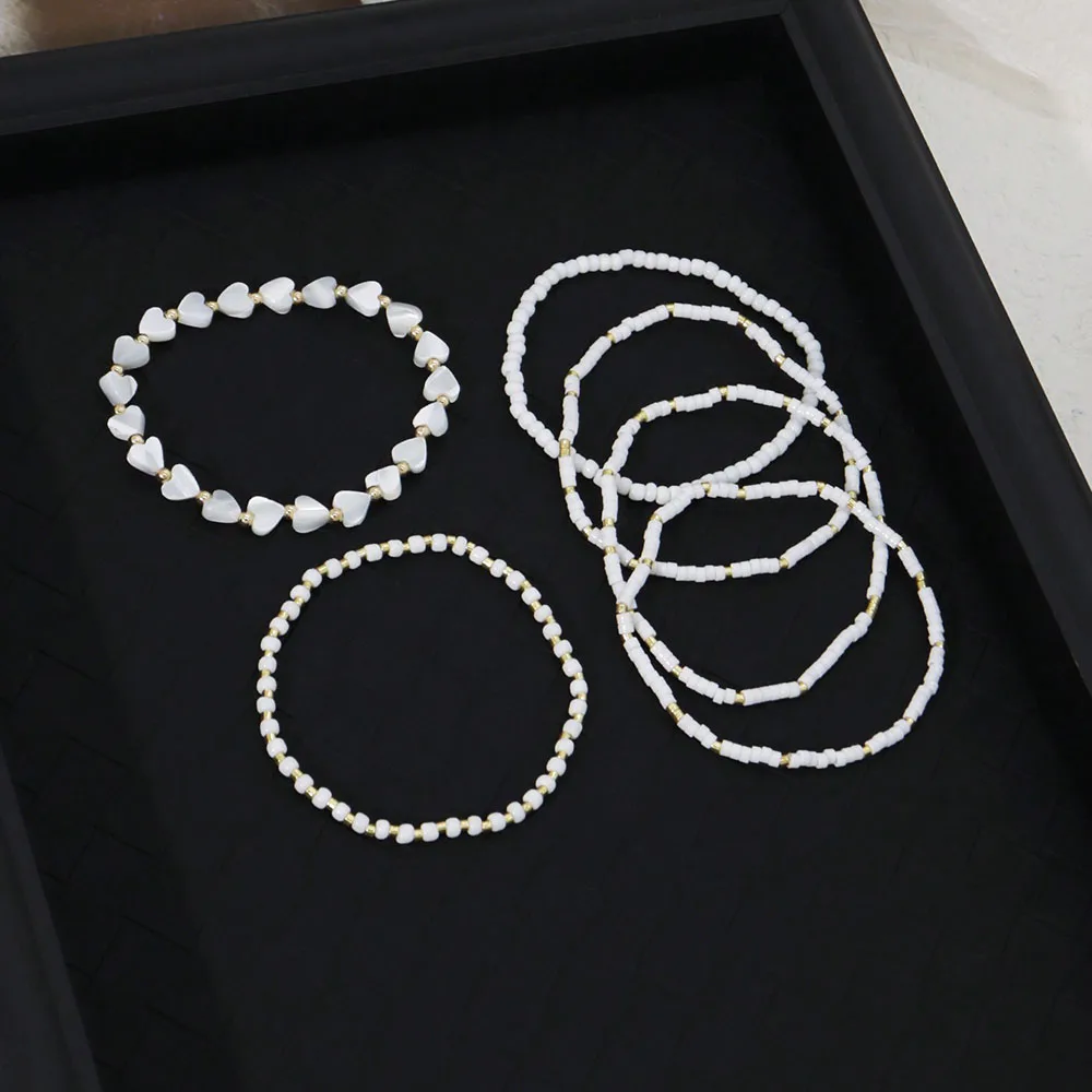 발렌타인 선물 b082에 대 한 섬세 한 흰색 구슬 심장 & 쉘 수 제 페르시 탄성 다층 팔찌 6pcs 세트