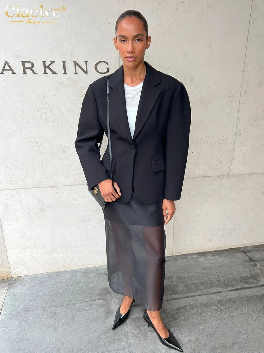 Clacive 패션 느슨한 Balck 여성 스커트 캐주얼 높은 허리 발목 길이 스커트 우아한 클래식 메쉬 스플 라이스 스커트 여성 의류