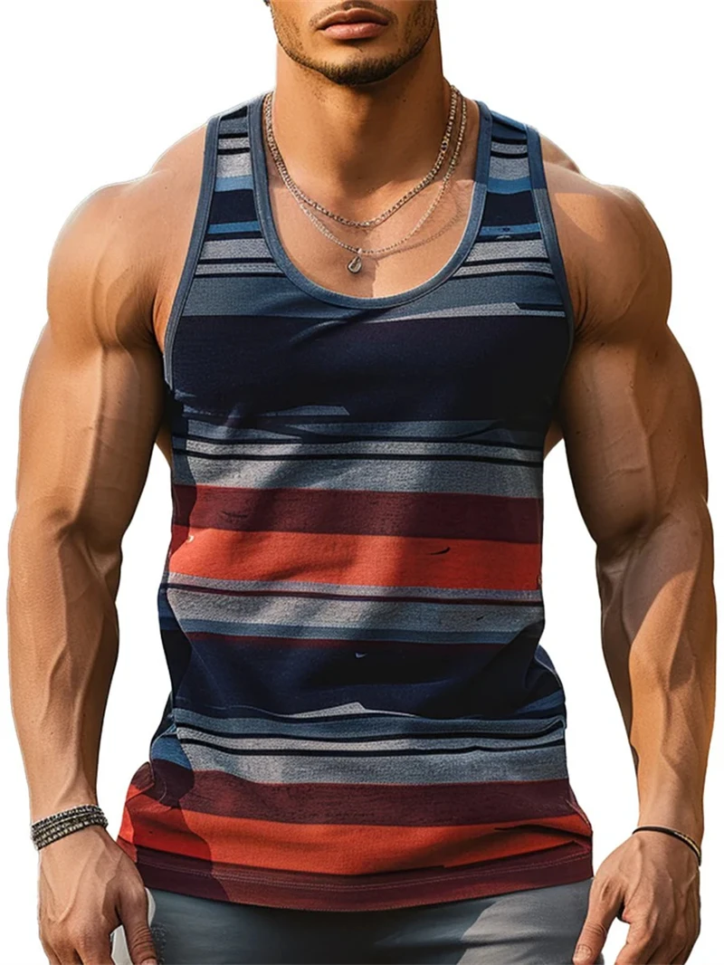 Retro Striped Graphic Tank Tops For Men Fashion Casual Summer Sleeveless 3D Printed Vest Loose Crew Neck Quick Dry Sports Tees