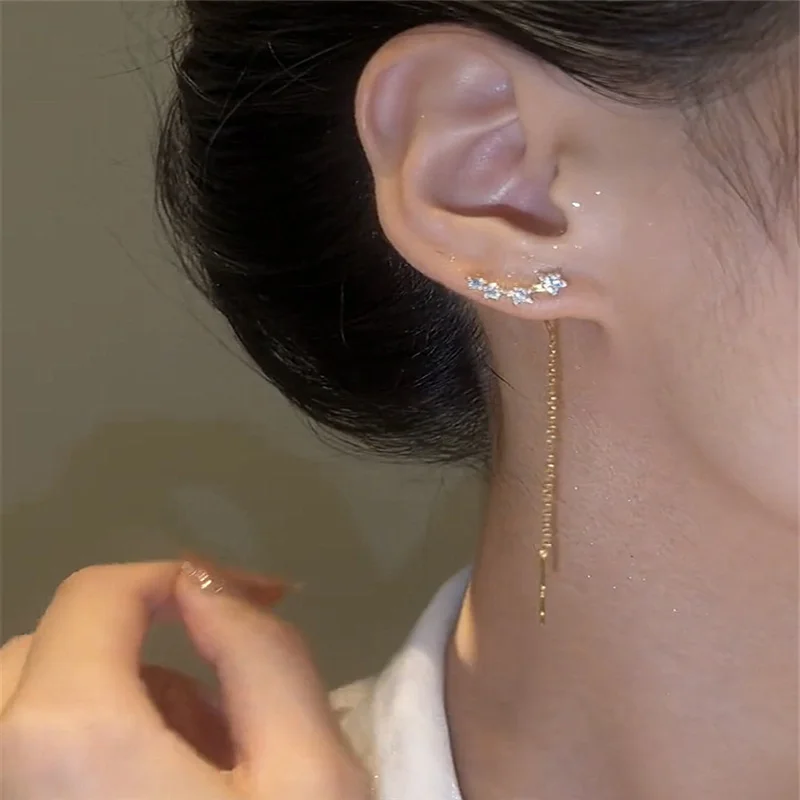 트렌디 한 긴 와이어 술 스레드 체인 등반 스타 하트 비즈 펜던트 드롭 귀걸이 여성 스트레이트 매달려 Earings 쥬얼리