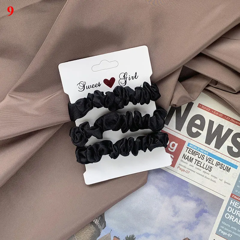 실크 새틴 작은 스크런치 세트, 단색 플리츠, 스크런치 탄성 헤어 타이 포니테일 홀더, 여성용 헤어 액세서리, 3PCs