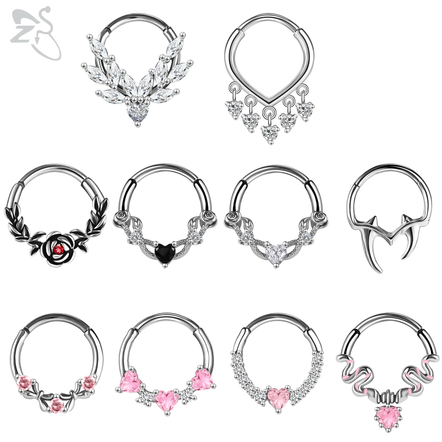 ZS 1PC 핑크 크리스탈 코 피어싱 실버 컬러 Septum 링 316L 스테인레스 스틸 코 리모콘 귀 헬릭스 연골 피어싱 16G title=ZS 1PC 핑크 크리스탈 코 피어싱 실버 컬러 Septum 링 316L 스테인레스 스틸 코 리모콘 귀 헬릭스 연골 피어싱 16G