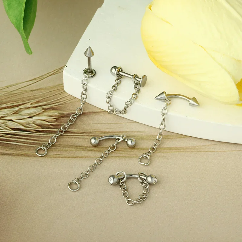 펑크 스타일 스테인레스 스틸 체인 립 스터드 분리형 피어싱 애슐리 연골 스터드 귀걸이 매일 착용 선물을위한 바디 쥬얼리