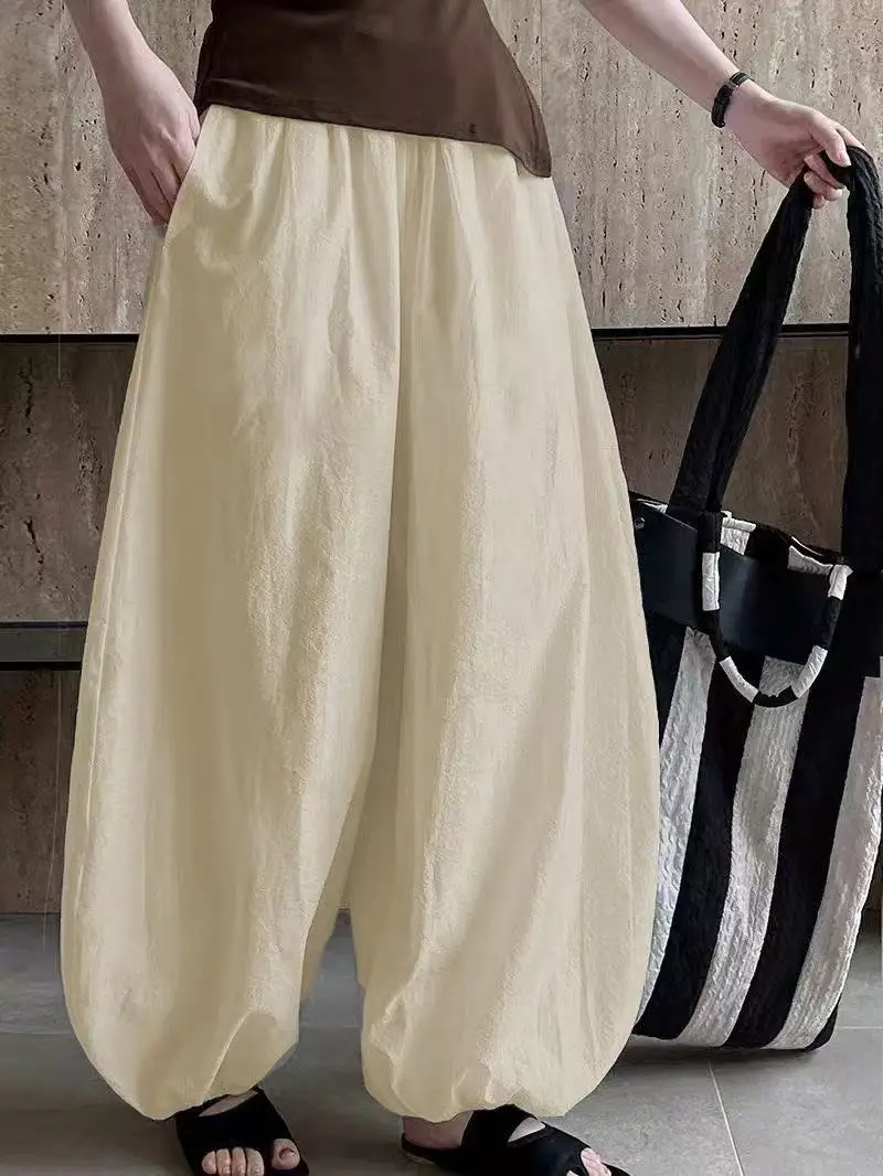 여성 미니멀리스트 솔리드 오버 사이즈 블루머 2025 뉴 여름 힙합 와이드 레그 팬츠 포켓이있는 통기성 편안한 크로스 바지