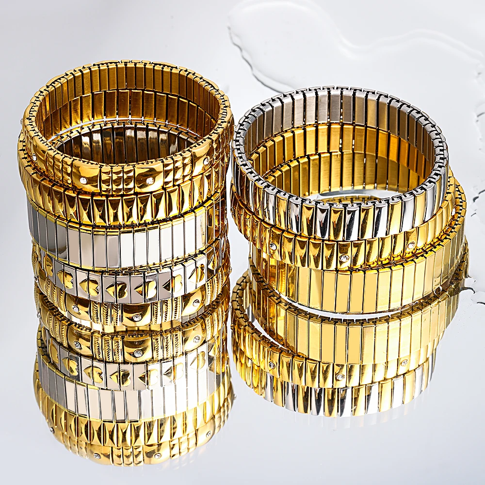 Freetry 18K 골드 도금 스테인레스 스틸 조절 팔찌 패션 탄성 금속 팔찌 유행 보석 액세서리 공식 title=Freetry 18K 골드 도금 스테인레스 스틸 조절 팔찌 패션 탄성 금속 팔찌 유행 보석 액세서리 공식 