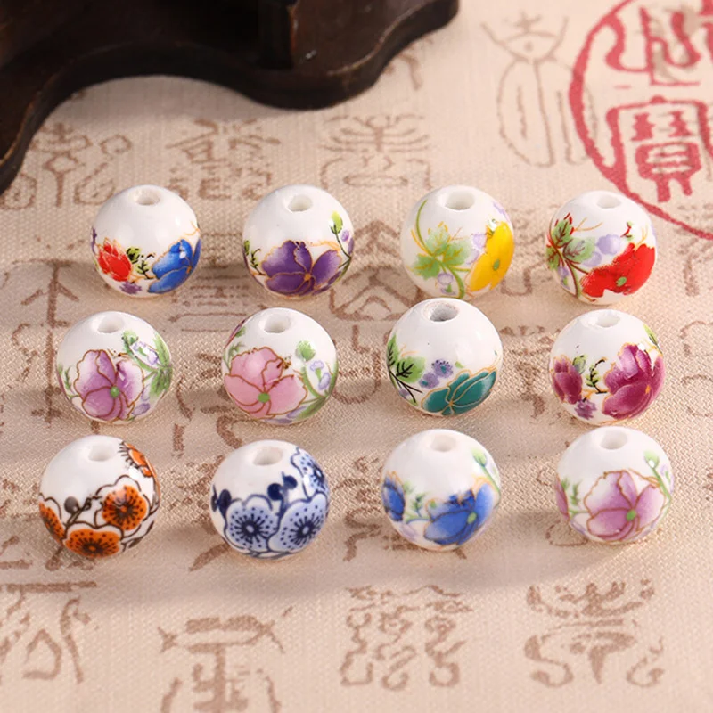 10pcs 라운드 6mm 8mm 10mm 12mm 꽃 패턴 세라믹 도자기 느슨한 스페이서 비즈 쥬얼리 만들기 DIY 팔찌 결과 만들기