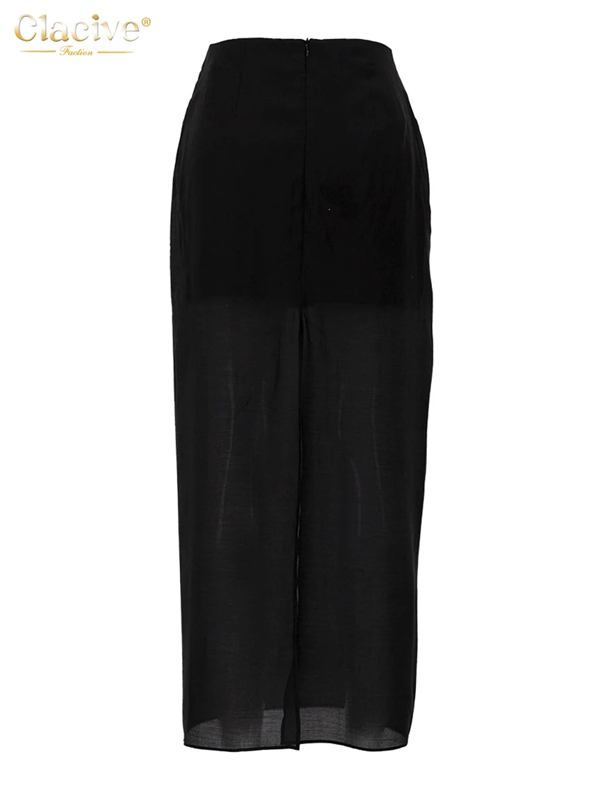 Clacive 패션 느슨한 Balck 여성 스커트 캐주얼 높은 허리 발목 길이 스커트 우아한 클래식 메쉬 스플 라이스 스커트 여성 의류