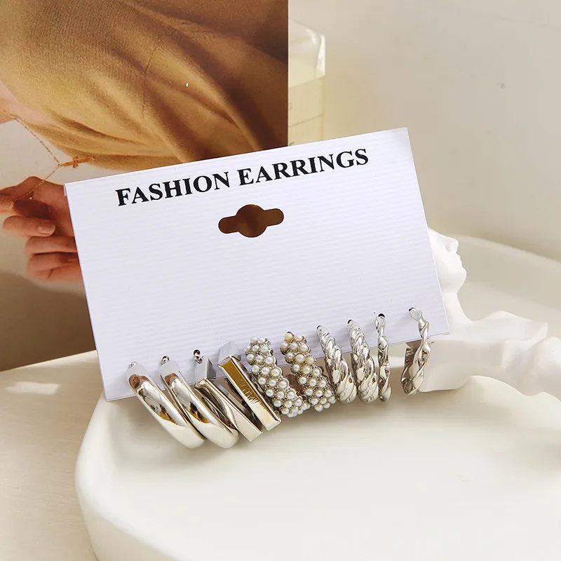 여자를위한 진주 실버 컬러 후프 귀걸이 세트 유행 나비 아크릴 중공 트위스트 기하학 매달려 귀걸이 쥬얼리 선물