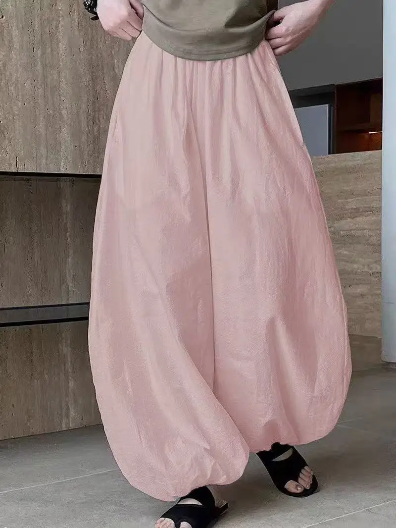 여성 미니멀리스트 솔리드 오버 사이즈 블루머 2025 뉴 여름 힙합 와이드 레그 팬츠 포켓이있는 통기성 편안한 크로스 바지