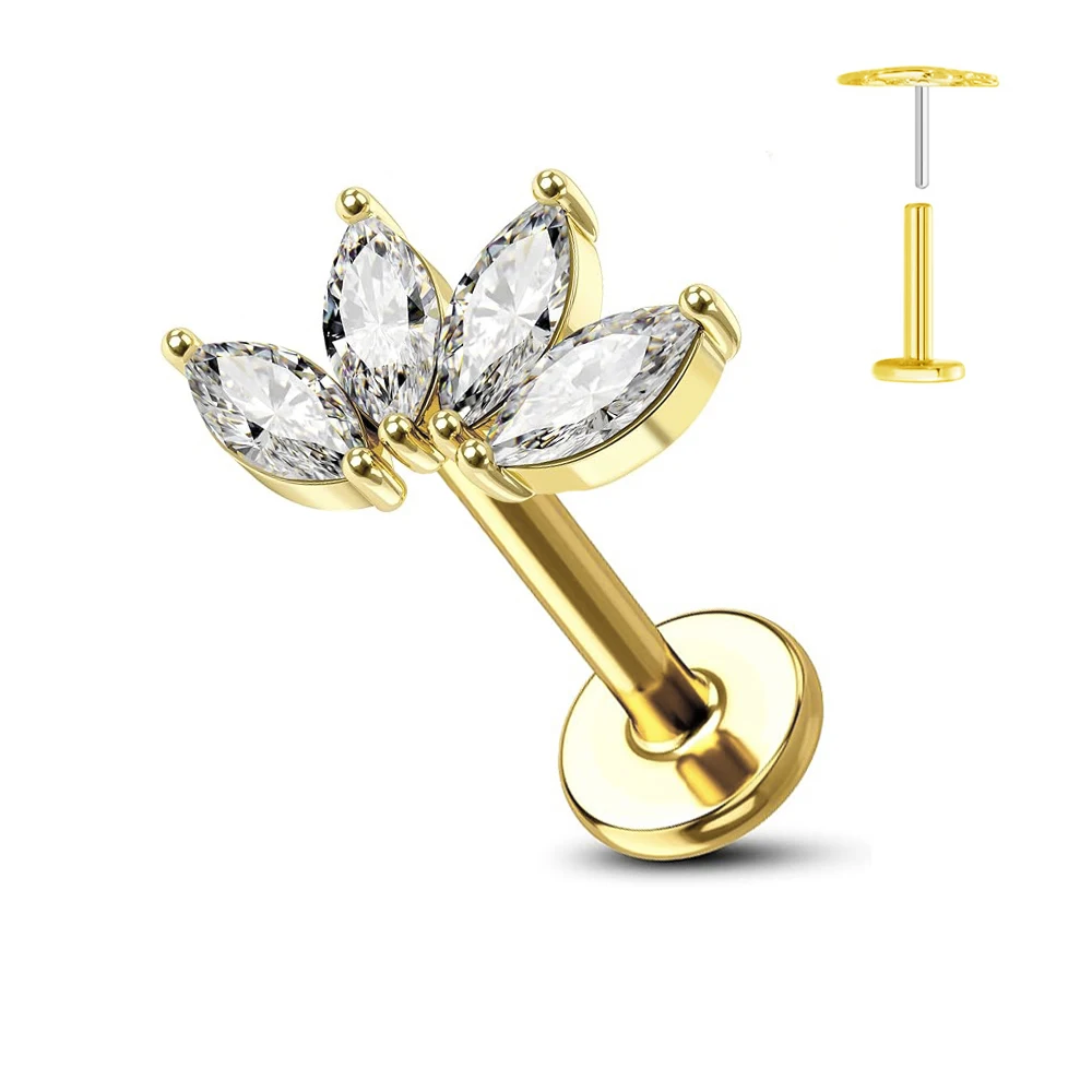 ASTM F136 G23 티타늄 꽃 나사없는 귀걸이 피어싱 꽃잎 잎 하트 나비 핀 Daith Conch Push in Labret Stud