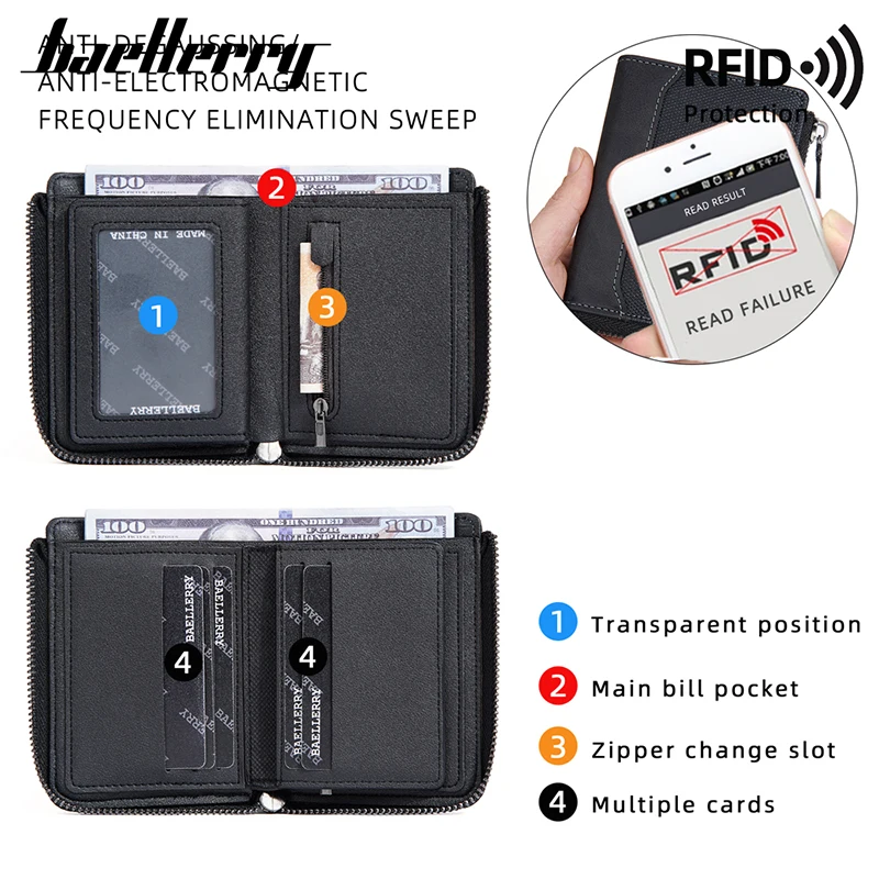 Baellerry RFID 간단한 짧은 남성 지퍼 지갑 럭셔리 브랜드 카드 홀더 남성 지갑 사진 홀더 동전 주머니 남자 지갑