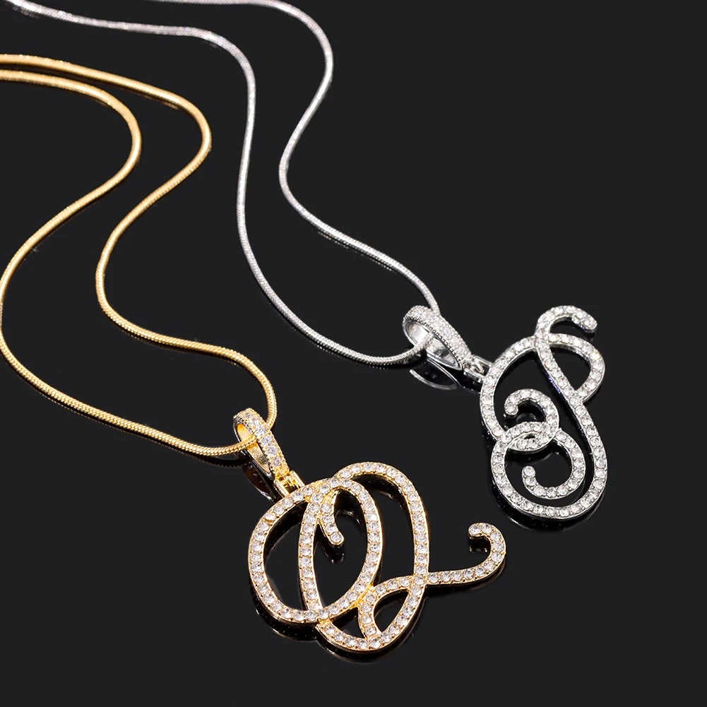 패션 26 필기체 초기 편지 지르콘 펜던트 목걸이 반짝 이는 크리스탈 알파벳 로프 체인 목걸이 힙합 쥬얼리