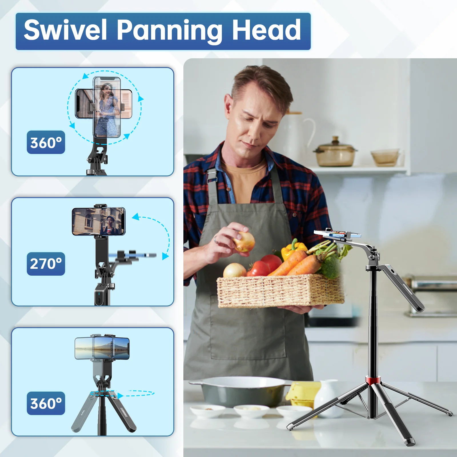 울란지 MA09 1.8m 셀카봉 삼각대 (아이폰 16, 15, 안드로이드 폰용) 리모컨 포함 파노라마 볼 헤드 홀더 U200 VL49 키트