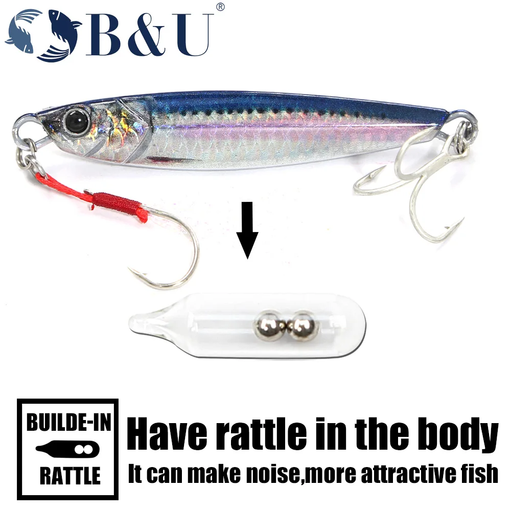 B&U 래틀 지그 바다 낚시는 금속 지그 40g 60g 80g 긴 캐스팅 루어 후크 스푼 낚시 태클로 인공 미끼를 회전합니다