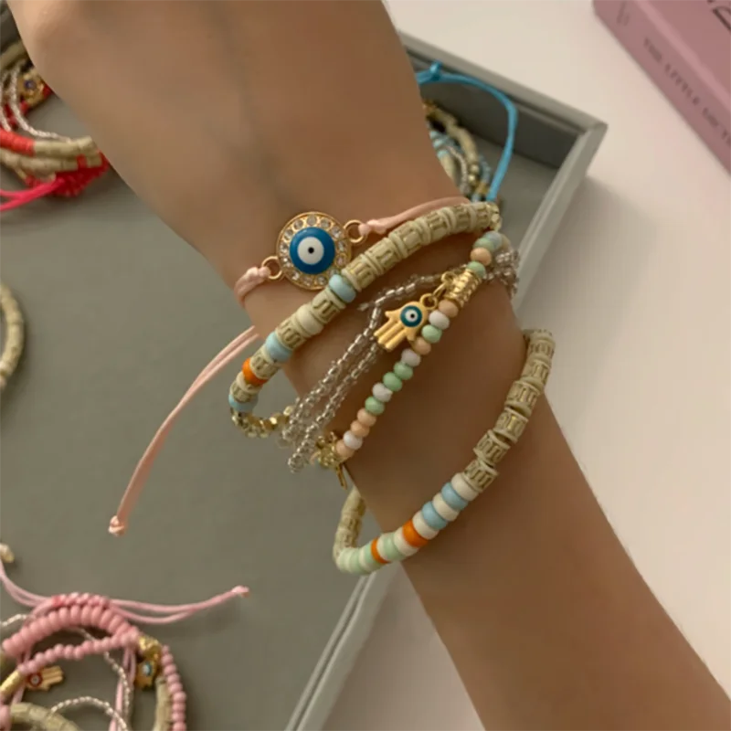 빈티지 보헤미아 여성을위한 다층 탄성 페르시 팔찌 세트 악마의 눈 비즈 조합 수제 팔찌 쥬얼리 선물
