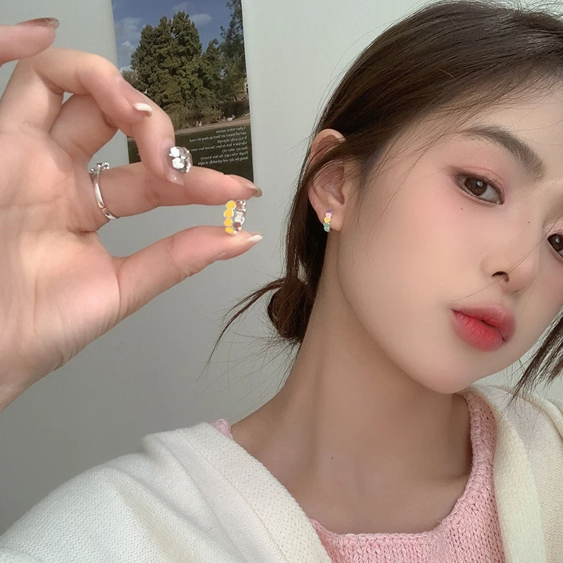 새로운 925 스털링 실버 여성 패션 쥬얼리 하트 다채로운 물방울 접착제 우아한 후프 귀걸이 소녀 생일 선물 후크 귀 서클