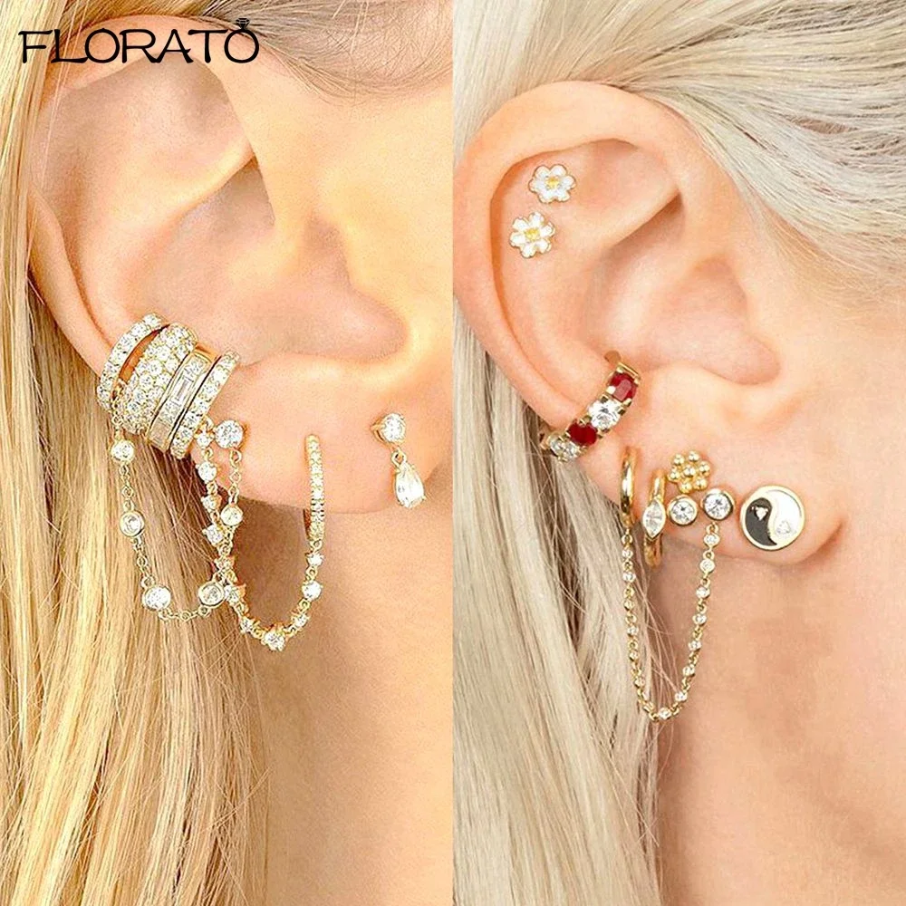 1PC 925 실버 바늘 여성을위한 화려한 크리스탈 체인 펜던트 후프 귀걸이 두 구멍 에나멜 스타 귀걸이 패션 쥬얼리 선물