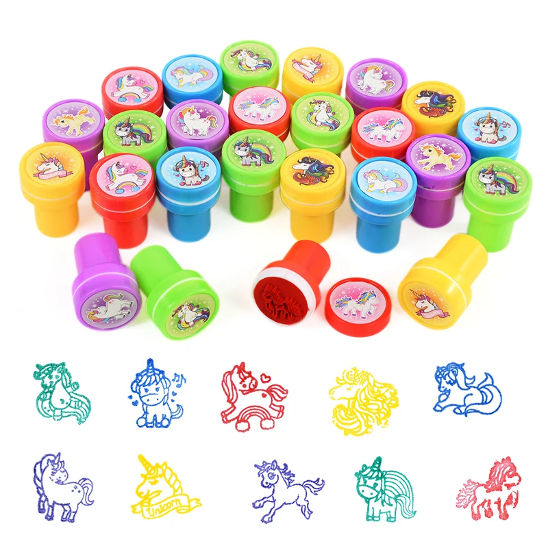 10pcs 만화 동물 유니콘 셀프 잉크 스탬프 장난감 어린이 생일 파티는 Goodie Bag Pinata 필러 소년 소녀 크리스마스 선물을 선호합니다
