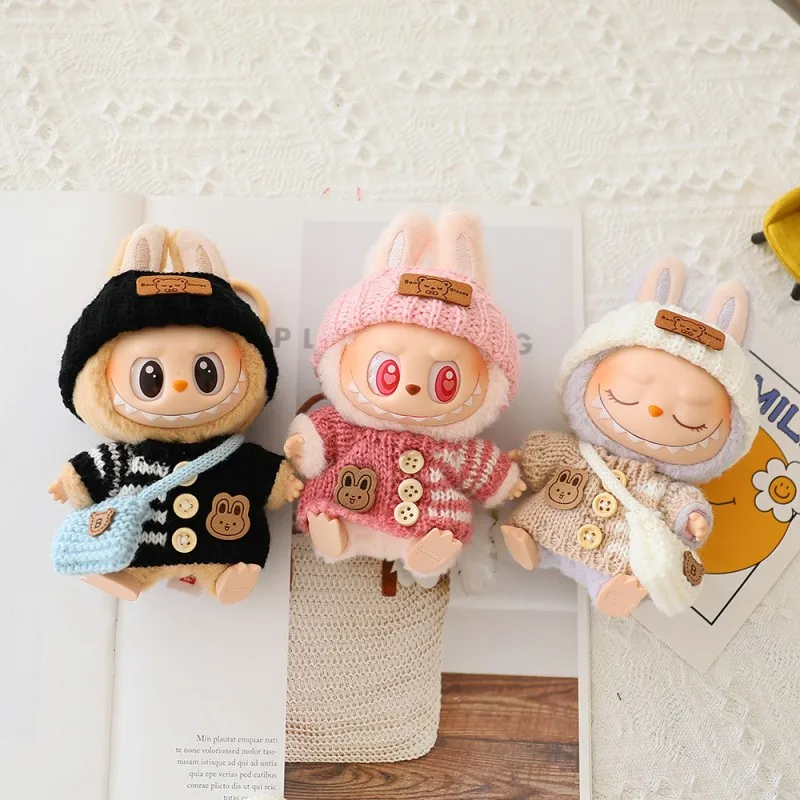 15-17cm 라부부 옷 오리지널 라부부 장난감 럭셔리 인형 새 앉는 파티 곰 라벨 스카프 모자 가방 인형 액세서리 귀여운