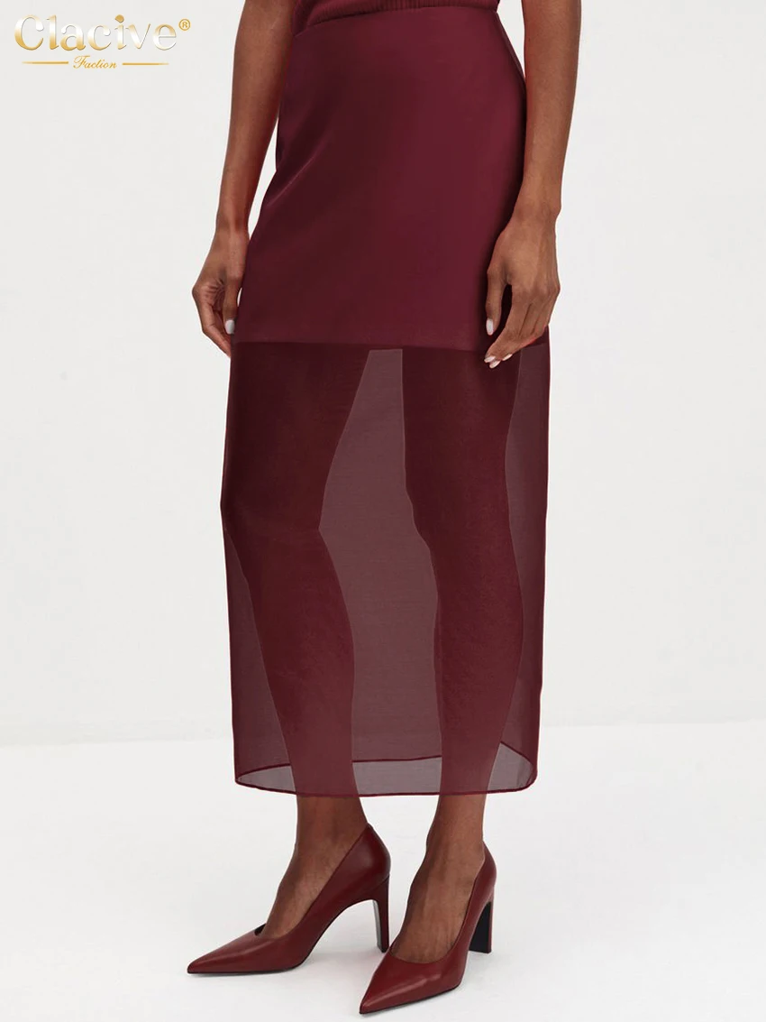 Clacive 패션 느슨한 Balck 여성 스커트 캐주얼 높은 허리 발목 길이 스커트 우아한 클래식 메쉬 스플 라이스 스커트 여성 의류