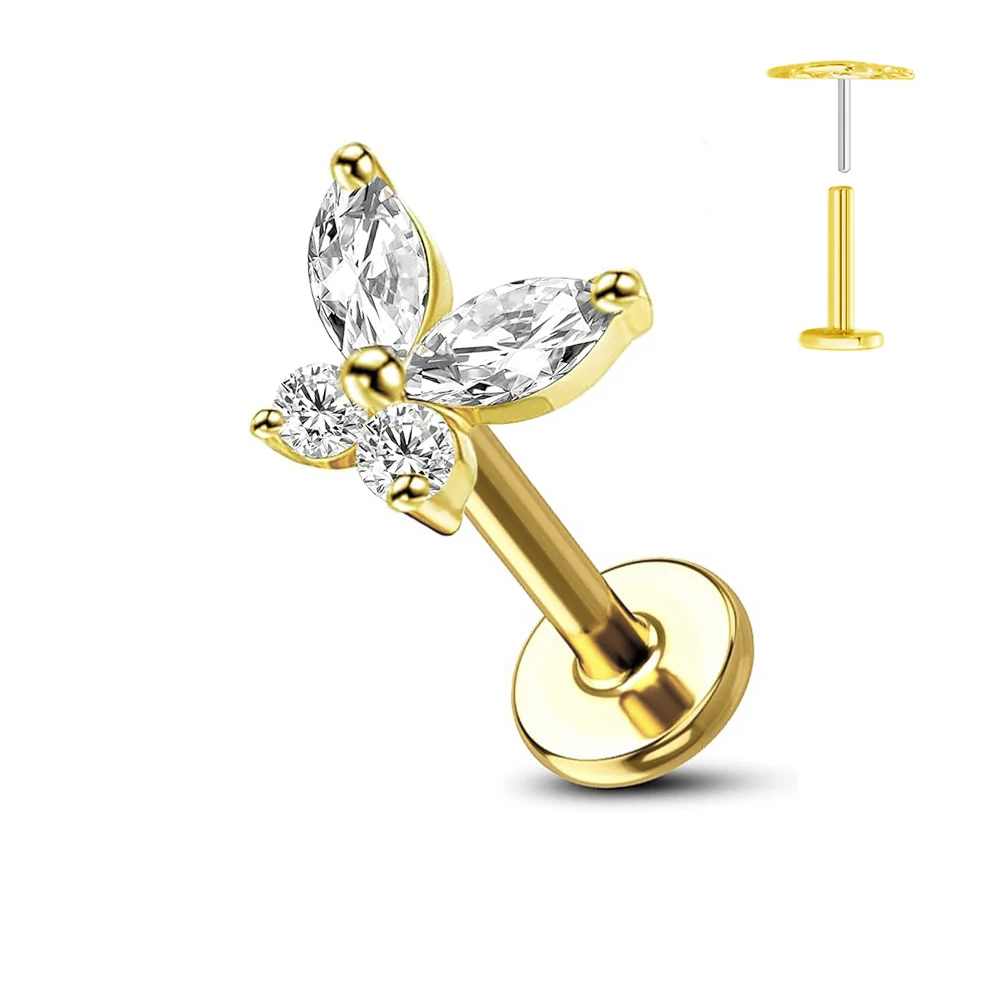 ASTM F136 G23 티타늄 꽃 나사없는 귀걸이 피어싱 꽃잎 잎 하트 나비 핀 Daith Conch Push in Labret Stud