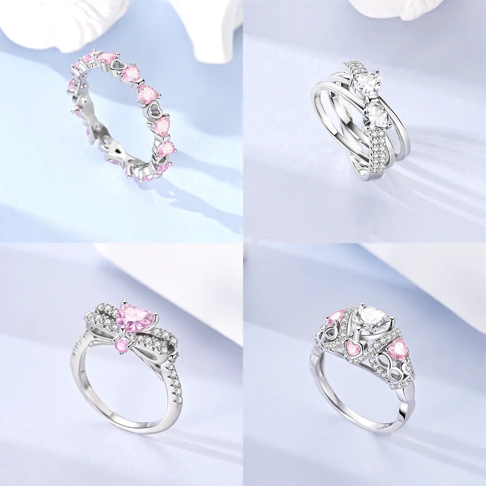 2025 발렌타인 데이 실버, 블랙 & 핑크 하트 반짝이 지르콘 반지, 패션 반지, 여성용 선물, DIY 파인 주얼리, S925