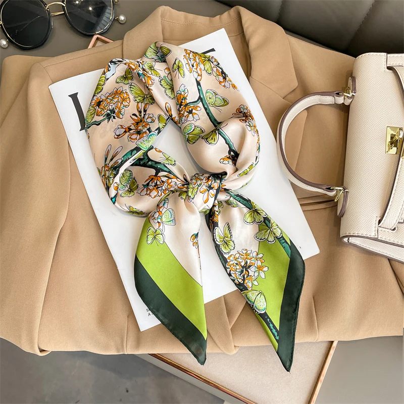 2024 여성용 럭셔리 스퀘어 실크 스카프, 히잡 머리띠, 네커프, 새틴 숄, 리본 머리띠, 패션 랩 반다나