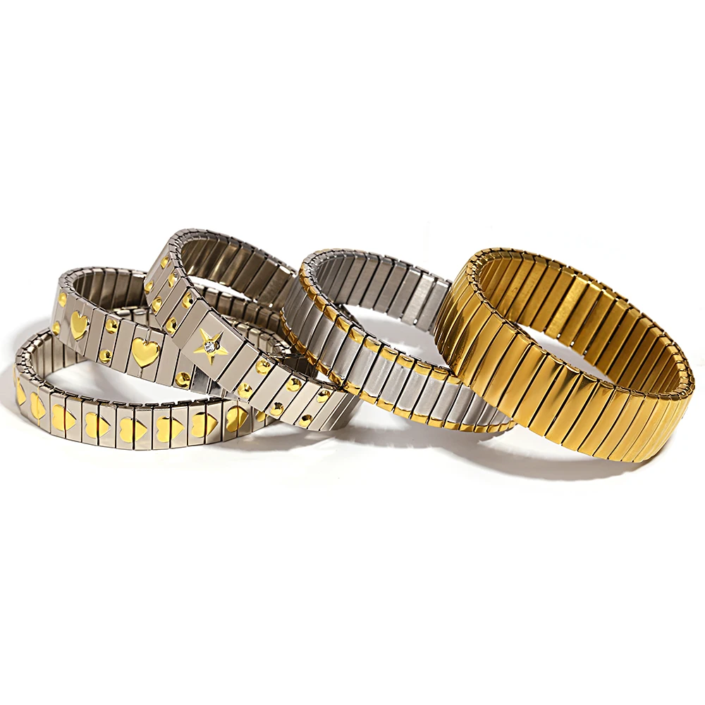 Freetry 18K 골드 도금 스테인레스 스틸 조절 팔찌 패션 탄성 금속 팔찌 유행 보석 액세서리 공식