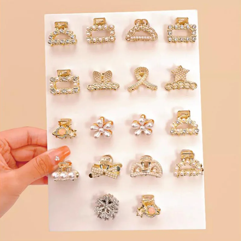 6/8/10 개/대 여자를위한 작은 라인 석 진주 기하학적 금속 머리 발톱 여자 달콤한 미니 헤어 클립 헤어핀 헤어 액세서리