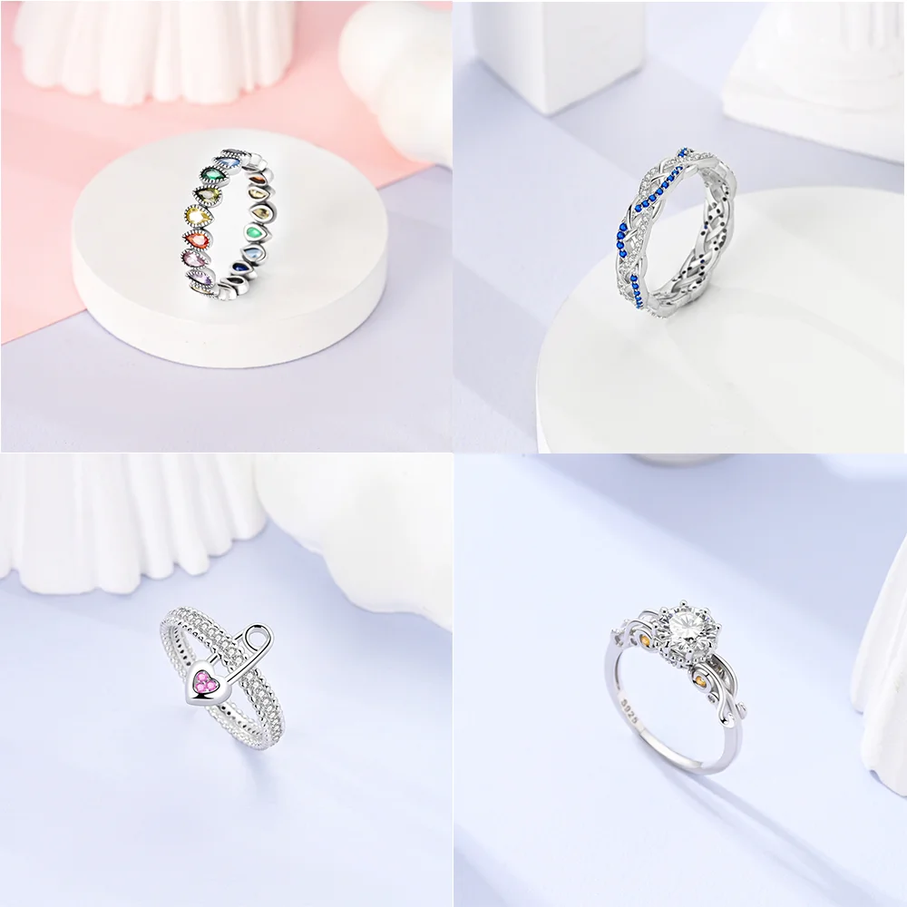 2025 발렌타인 데이 실버, 블랙 & 핑크 하트 반짝이 지르콘 반지, 패션 반지, 여성용 선물, DIY 파인 주얼리, S925