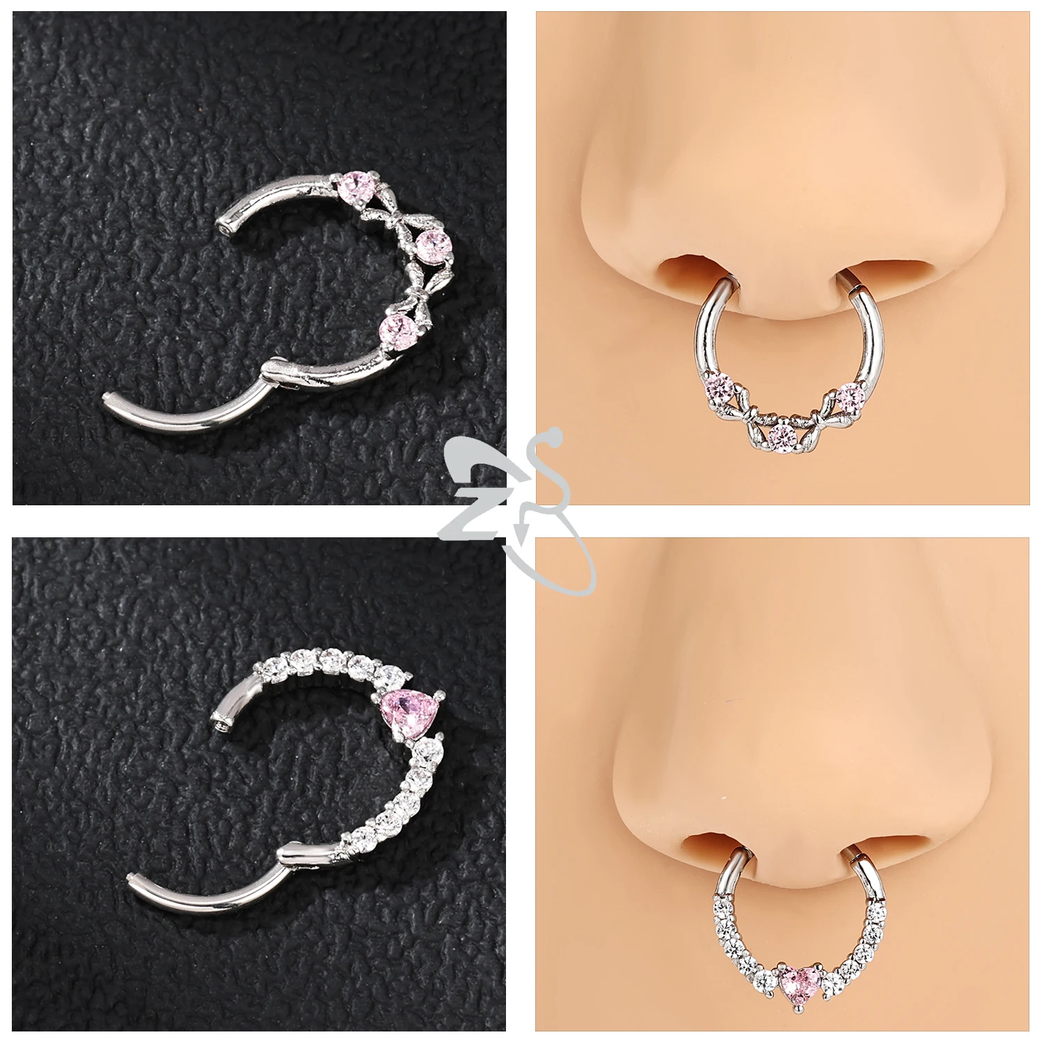 ZS 1PC 핑크 크리스탈 코 피어싱 실버 컬러 Septum 링 316L 스테인레스 스틸 코 리모콘 귀 헬릭스 연골 피어싱 16G