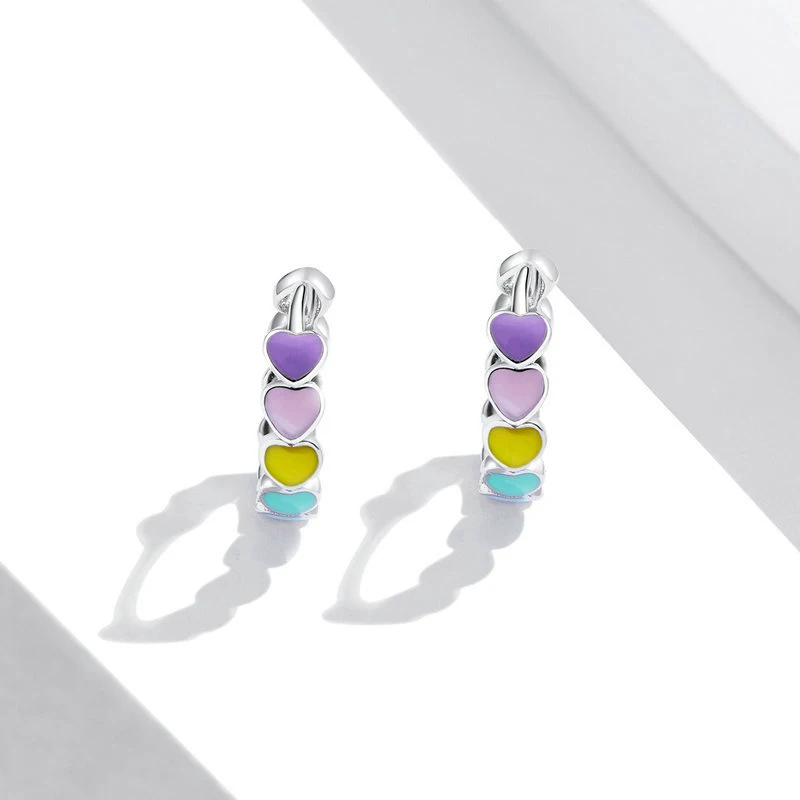 새로운 925 스털링 실버 여성 패션 쥬얼리 하트 다채로운 물방울 접착제 우아한 후프 귀걸이 소녀 생일 선물 후크 귀 서클