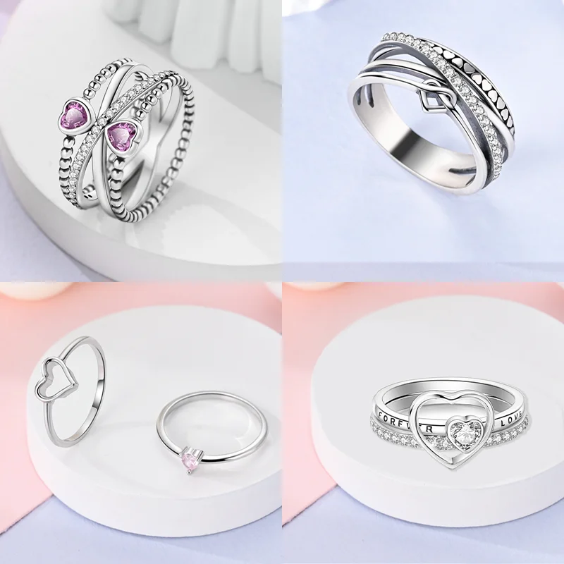 2025 발렌타인 데이 실버, 블랙 & 핑크 하트 반짝이 지르콘 반지, 패션 반지, 여성용 선물, DIY 파인 주얼리, S925
