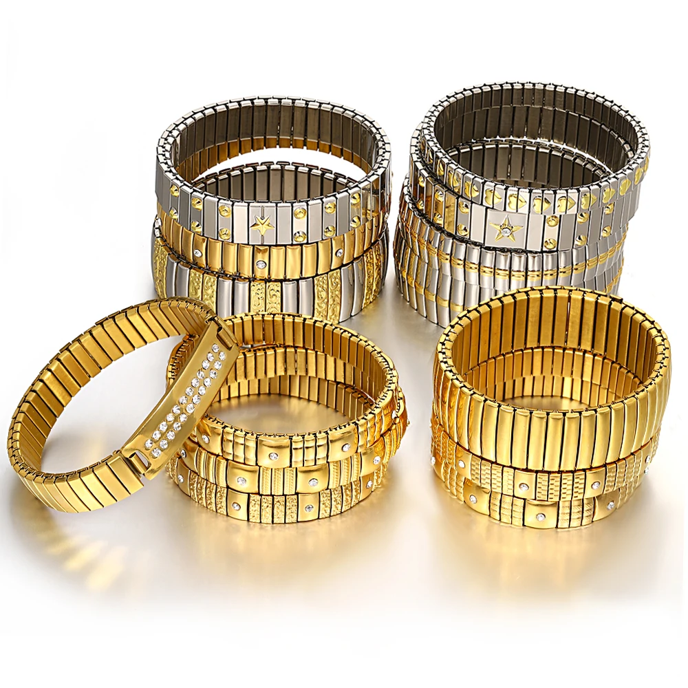 Freetry 18K 골드 도금 스테인레스 스틸 조절 팔찌 패션 탄성 금속 팔찌 유행 보석 액세서리 공식