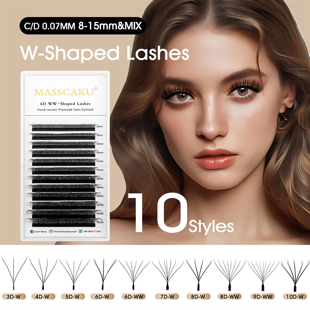 도매 MASSCAKU 0.07mm 두께 소프트 프리미엄 벨벳 섬유 W 스타일 속눈썹 경량 W 모양의 미리 만들어진 볼륨 팬 속눈썹