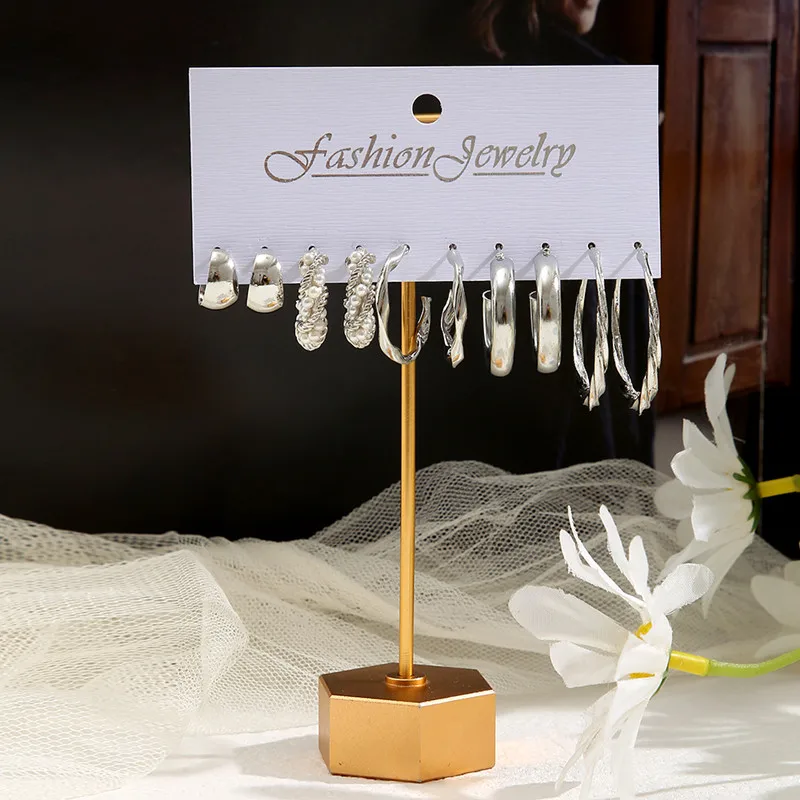 여자를위한 진주 실버 컬러 후프 귀걸이 세트 유행 나비 아크릴 중공 트위스트 기하학 매달려 귀걸이 쥬얼리 선물