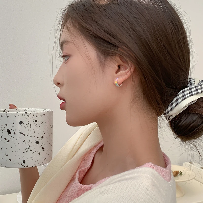 새로운 925 스털링 실버 여성 패션 쥬얼리 하트 다채로운 물방울 접착제 우아한 후프 귀걸이 소녀 생일 선물 후크 귀 서클