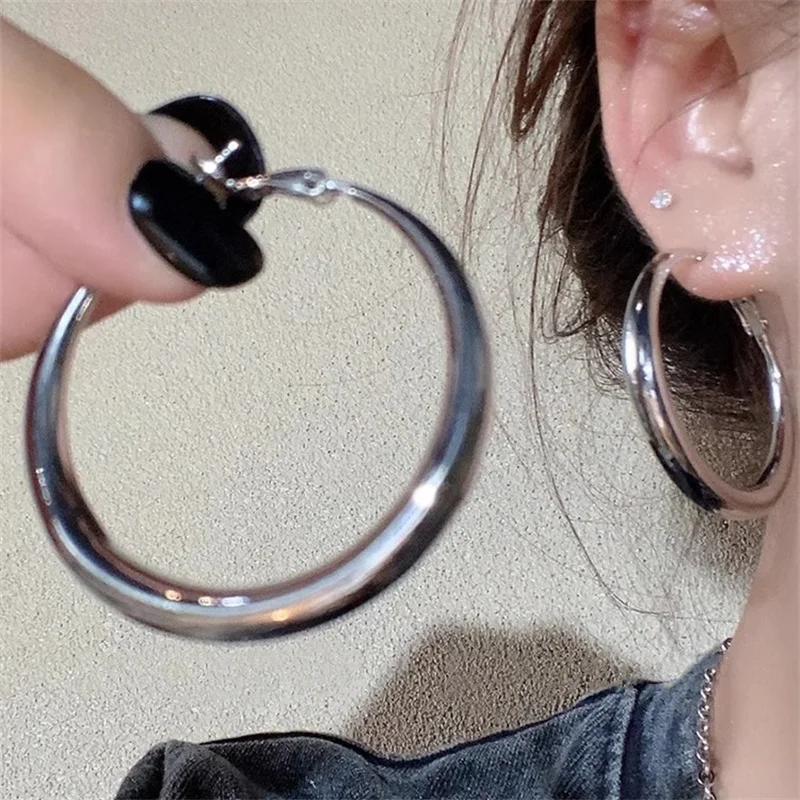 여성용 클래식 심플한 기하학적 원형 큰 스테인레스 스틸 후프 귀걸이, 과장된 원형 신부 귀걸이, 쥬얼리 액세서리