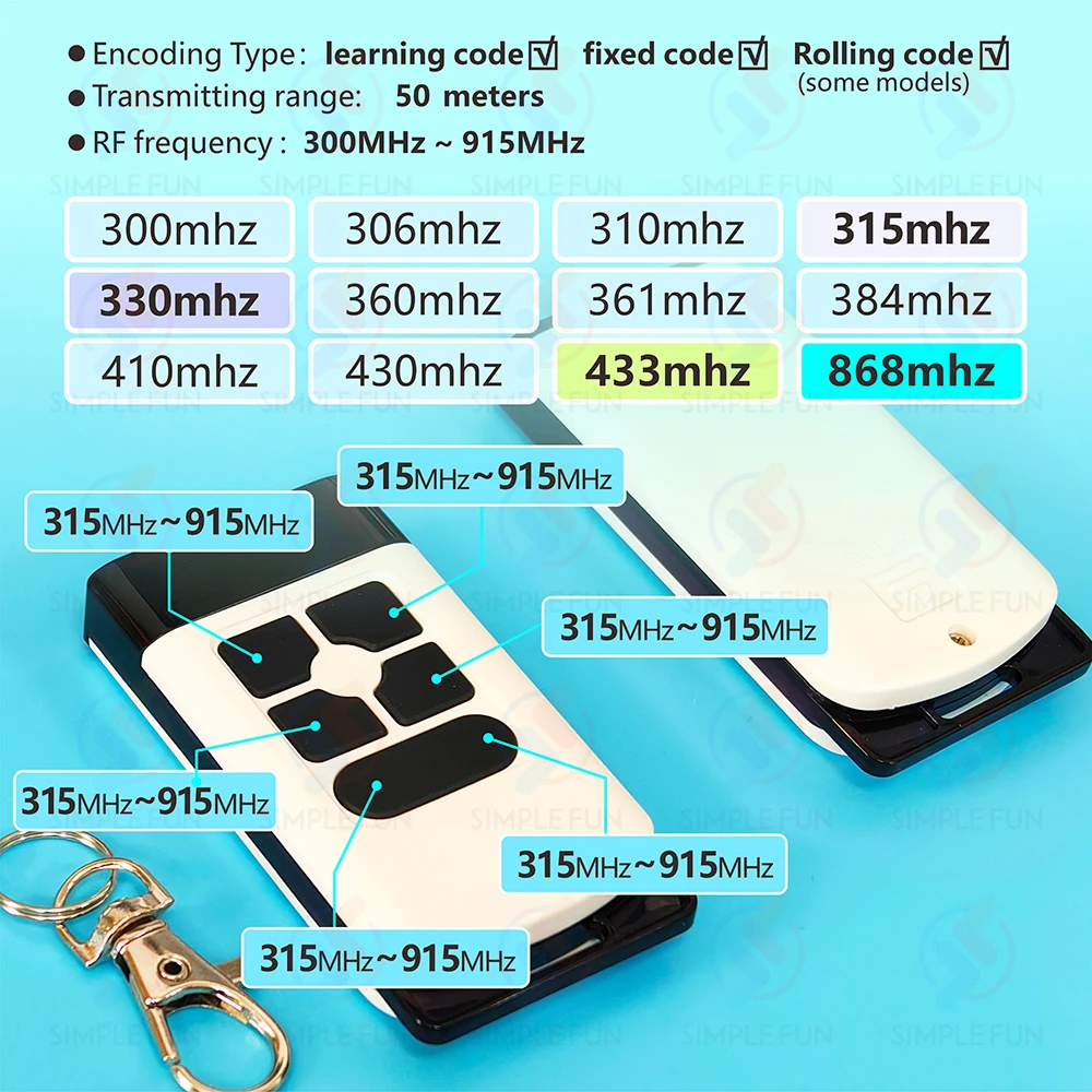 433Mhz 330Mhz 868Mhz 복사 원격 제어 12 채널 Nice Came Doorhan 300~915Mhz 복사기 차고 문 오프너 복제 송신기