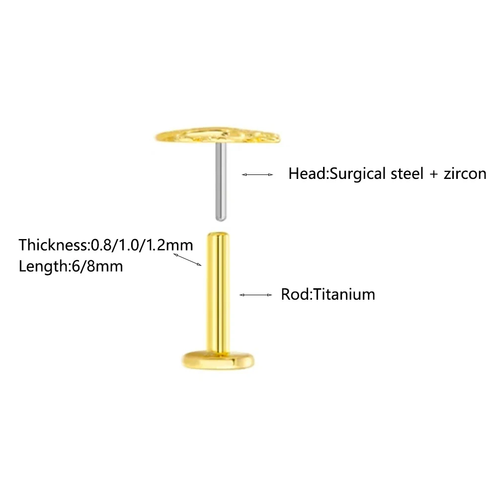 ASTM F136 G23 티타늄 꽃 나사없는 귀걸이 피어싱 꽃잎 잎 하트 나비 핀 Daith Conch Push in Labret Stud