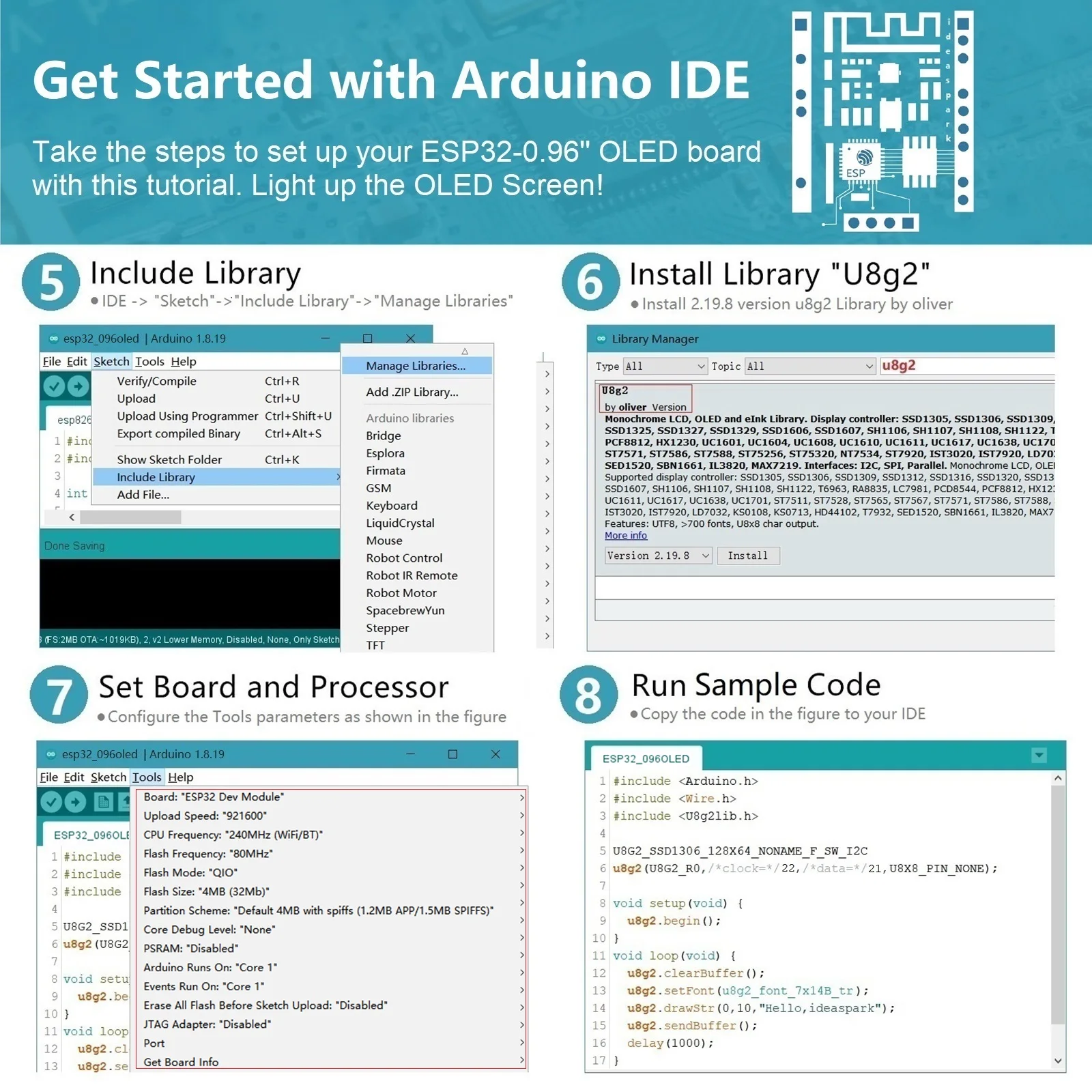 아이디어스파크 ® 0.96인치 OLED 디스플레이, CH340, WiFi+BLE 무선 모듈, Arduino/Micropython용 마이크로 USB를 갖춘 ESP32 개발 보드