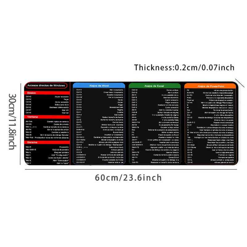 스페인어 Excel 단축키 패턴 대형 마우스 패드 사무실 책상 매트 컴퓨터 키보드 패드 스타터 사무원 학생을위한 선물