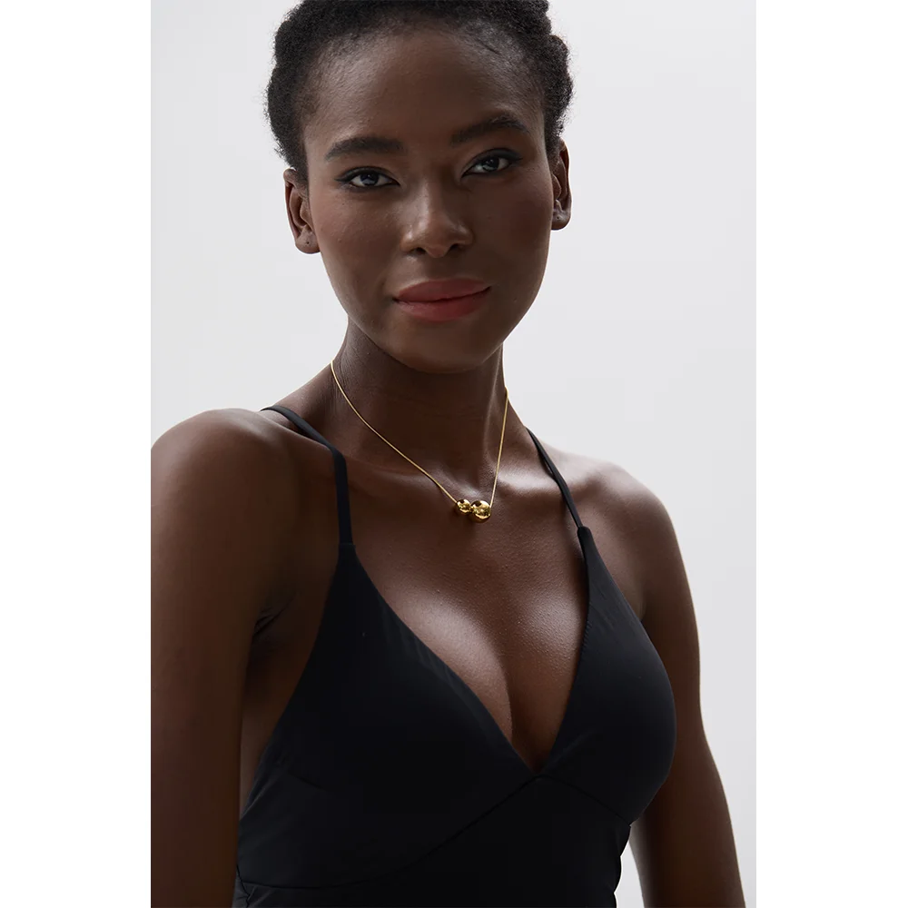 Yhpup 스테인레스 스틸 라운드 볼 비즈 펜던트 목걸이 패션 방수 금속 일일 골드 컬러 유행 보석 여성 선물