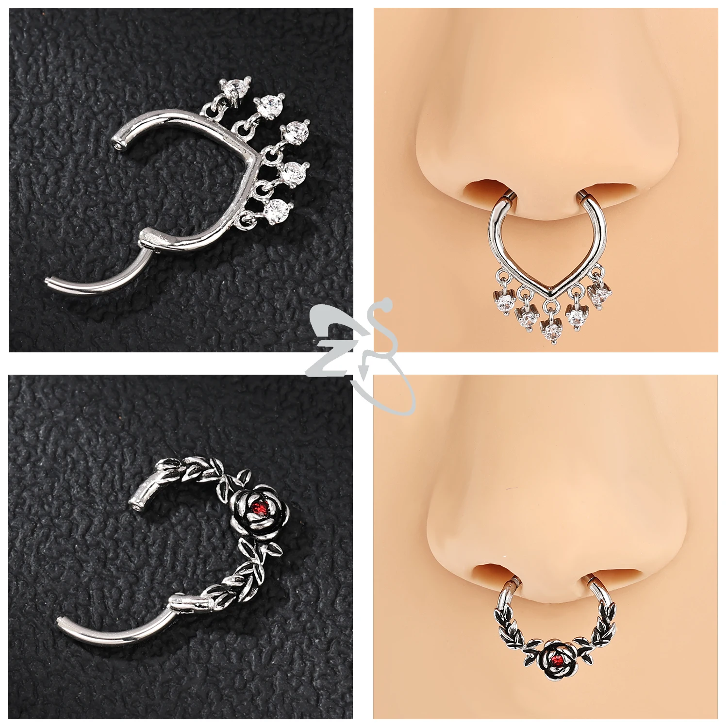 ZS 1PC 핑크 크리스탈 코 피어싱 실버 컬러 Septum 링 316L 스테인레스 스틸 코 리모콘 귀 헬릭스 연골 피어싱 16G